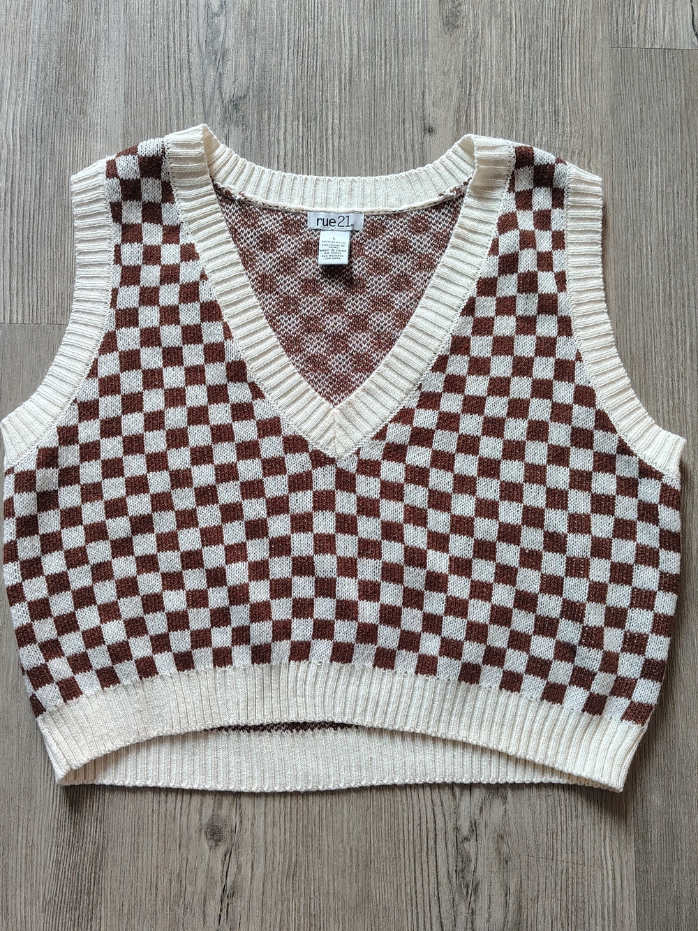 Rue21 Womens Checkered Knit V-Neck Sweater Vest Brown/Cream Size L Boho Chic Y2K